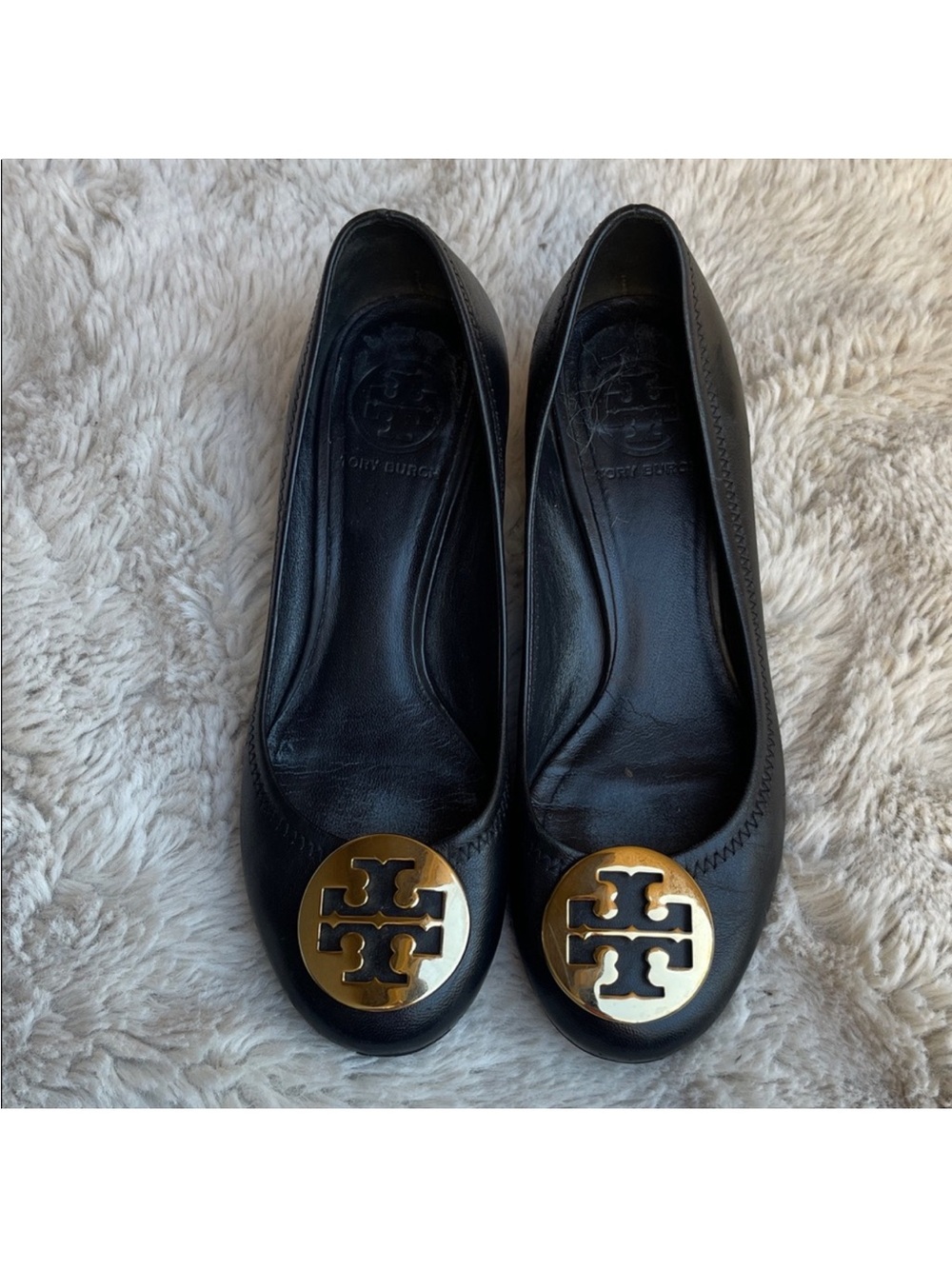 Tory Burch Black Leather Reva low Heels  with Gold Logo Size 6.5